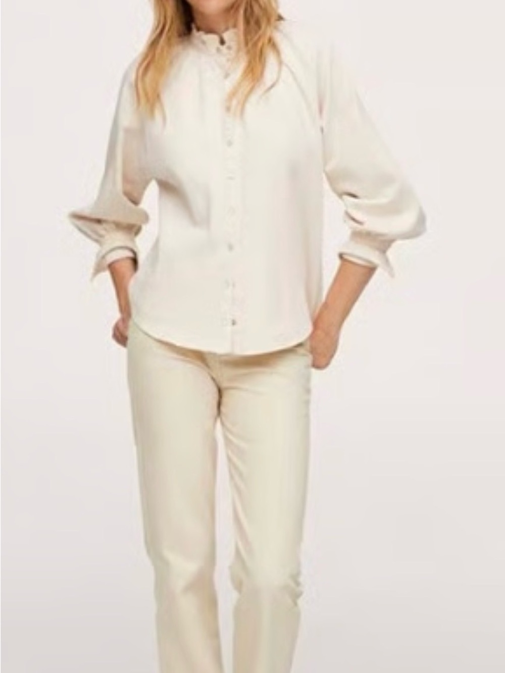 Mango Denim Blouse Puff Sleeves Classic Cream Pearl Snap Front Women's Top Large